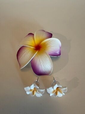 White and Purple Plumeria Flower Earrings - Floral Studs matching hair clip